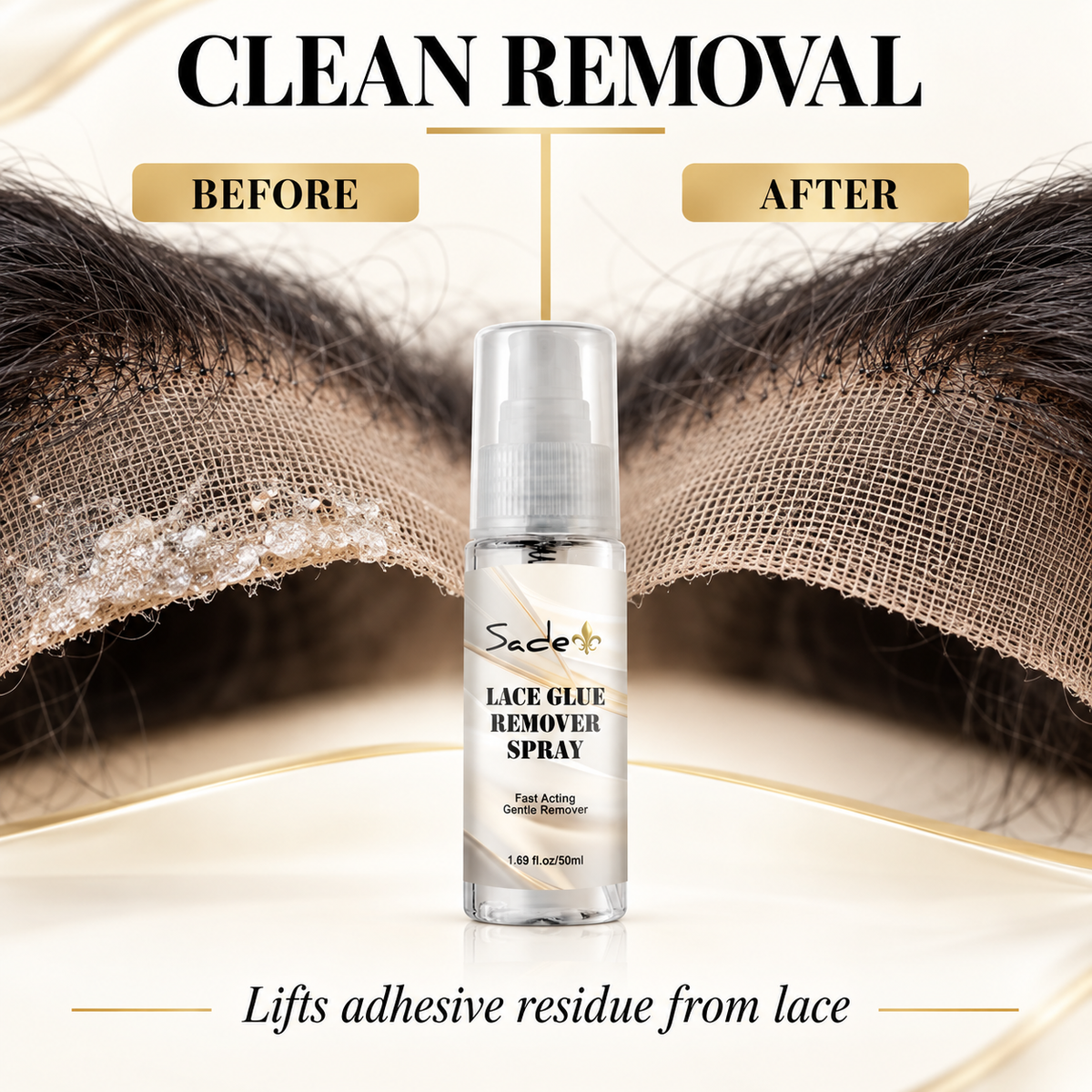 Lace adhesive residue before and after Sade Remover Spray