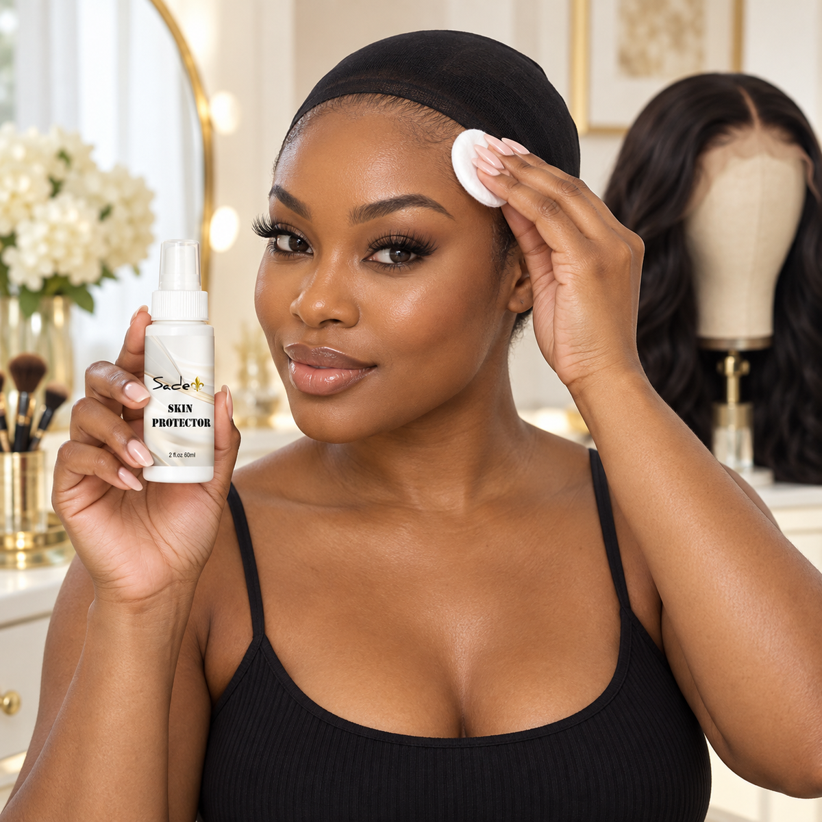 Black woman preparing for a lace-front wig with Sade Skin Protector